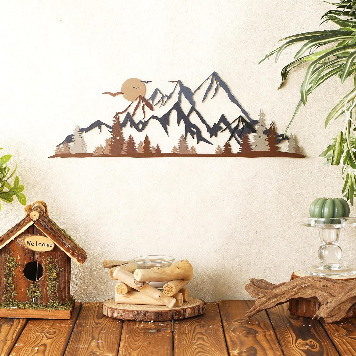 Mountain Range Metal Wall Art Decor Summit Rustic Wall Sign Forest Home Decor Sign Mountain Scene Art, 15.7 X 5.3 Inch(Colorful)